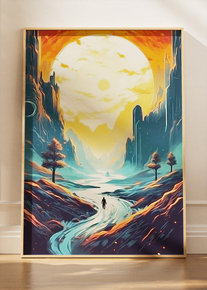 Surreal Canyon Path Under Giant Sun – Fantasy Landscape Wall Art Poster & Canvas – AI PRINT LAB