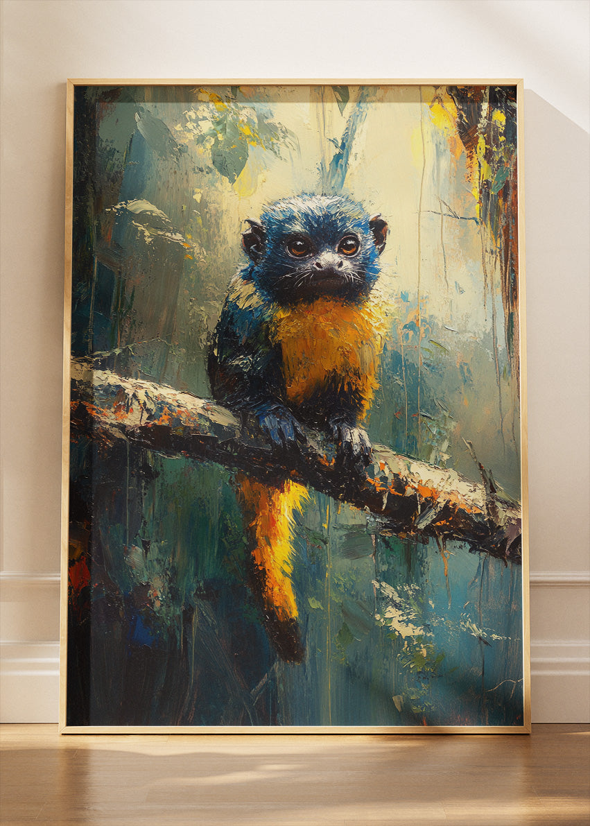 Cute Blue-and-Gold Forest Monkey Poster & Canvas Print – Colorful Wildlife Art