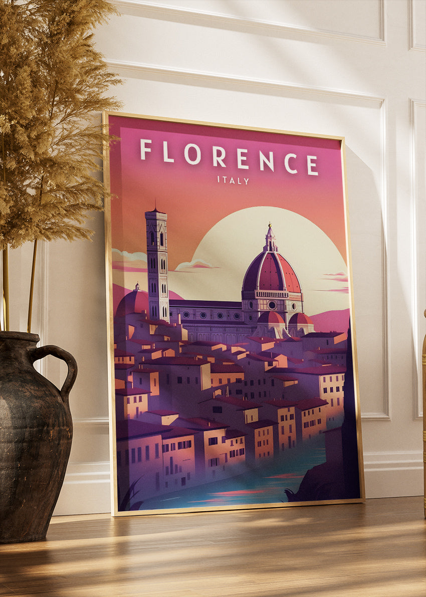 Florence Italy Pink Sunset Skyline Poster & Canvas Print – Duomo Cathedral Illustrated Wall Art
