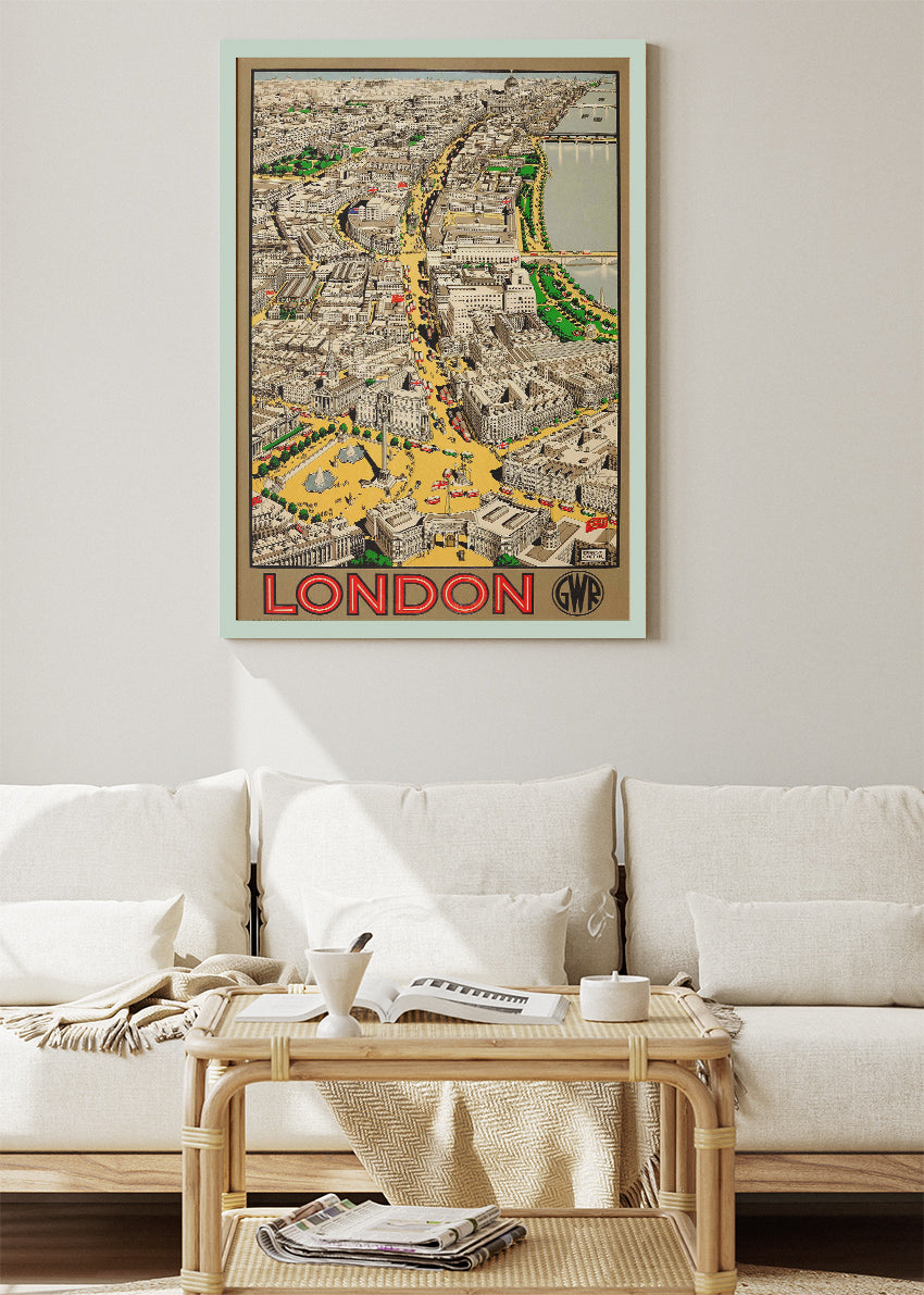 Vintage London City Map Poster & Canvas Print – Illustrated Aerial View Travel Art – A1005