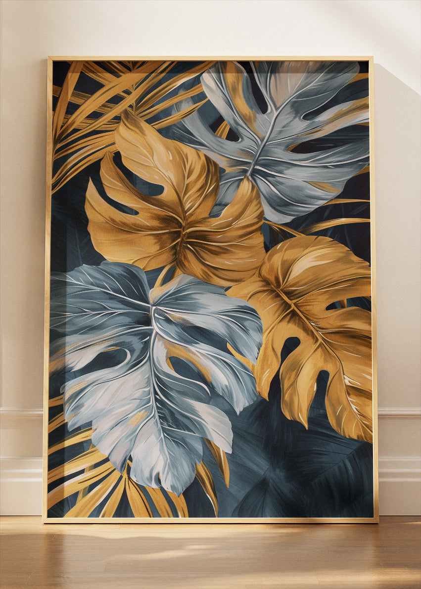 Gold and Blue Tropical Leaf Wall Art – Luxury Monstera Botanical Canvas Print & Modern Statement Poster for Living Room Decor UK