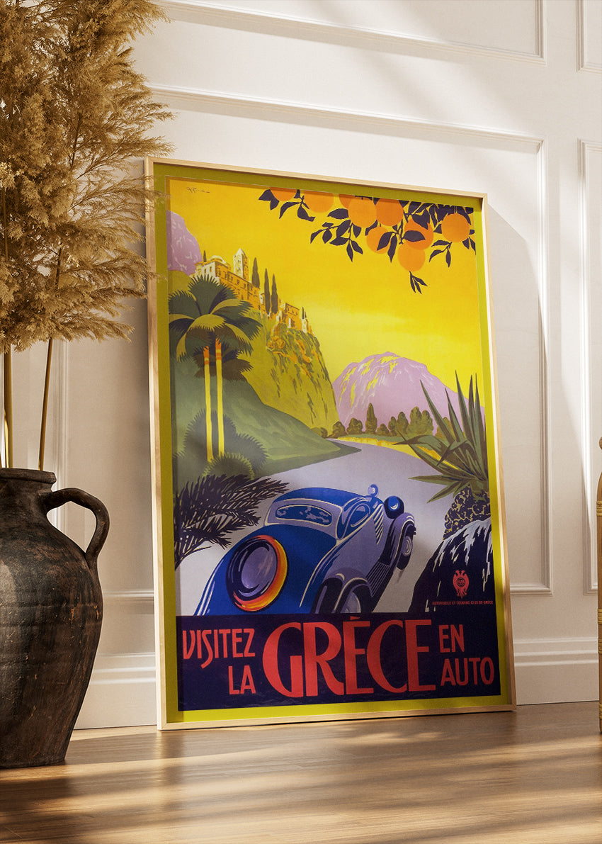 Vintage Greece Car Journey Poster & Canvas Print – Retro Scenic Road Travel Art