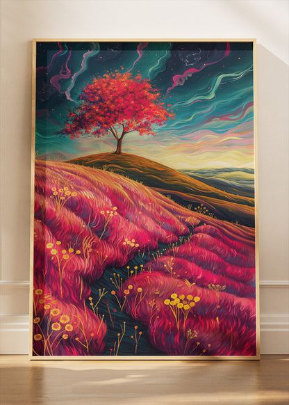 Surreal Crimson Hills & Lone Tree – Vibrant Dreamscape Canvas & Poster Print – AI PRINT LAB