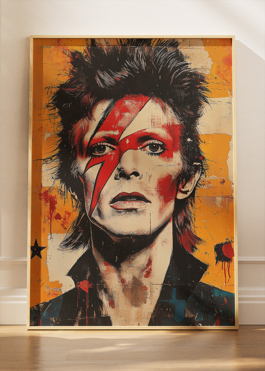 David Bowie Ziggy Stardust Lightning Bolt Portrait – Iconic Glam Rock Wall Art Poster & Canvas
