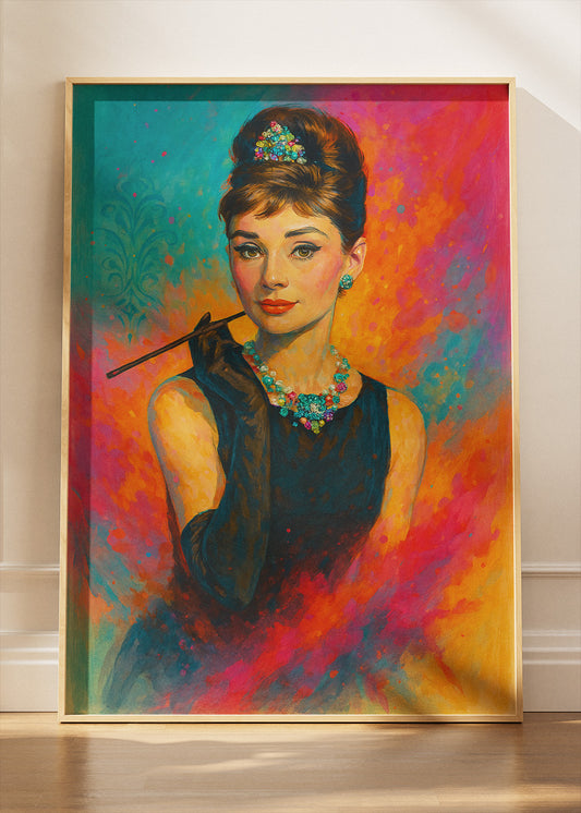 Audrey Hepburn Elegant Portrait with Cigarette Holder – Classic Hollywood Wall Art Poster & Canvas
