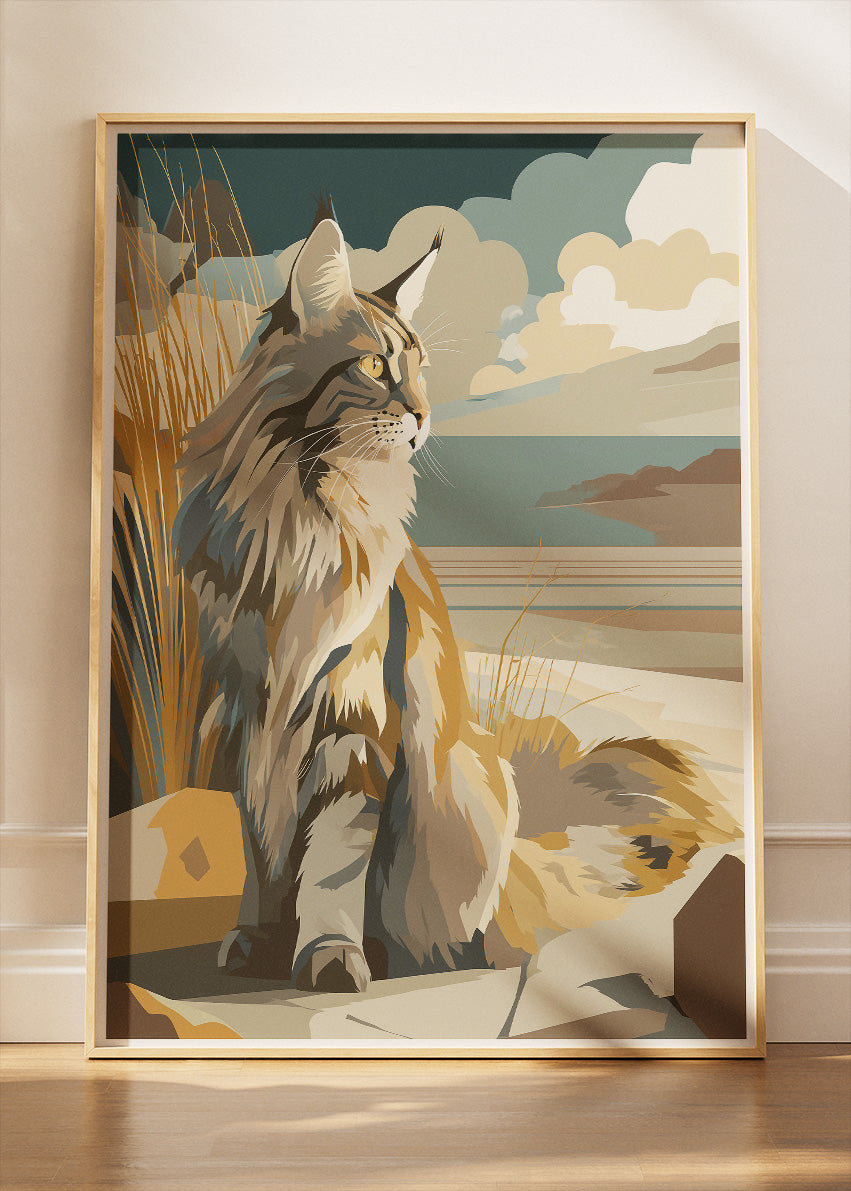 Long-Haired Cat Wall Art Poster & Canvas Print – Coastal Feline Illustration