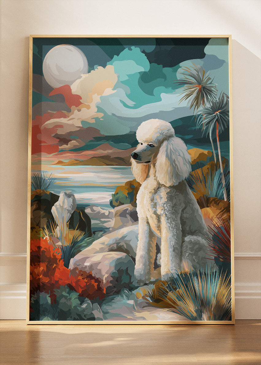 Poodle Coastal Landscape Wall Art Poster & Canvas Print – Elegant Dog Illustration