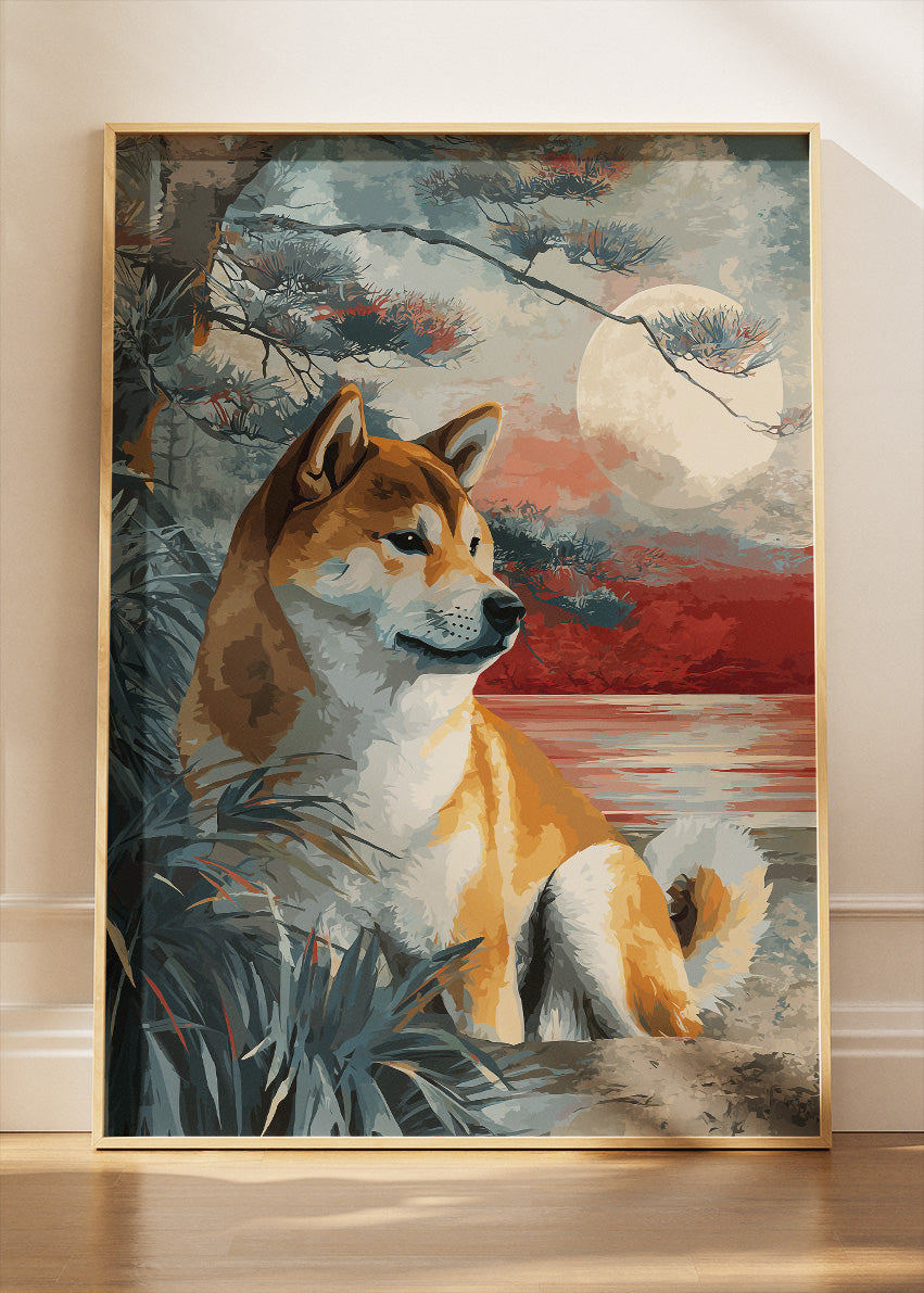 Shiba Inu Moonlit Lakeside Wall Art Poster & Canvas Print – Serene Dog Illustration