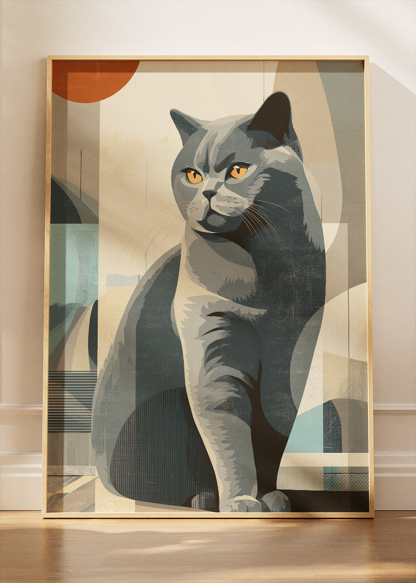 Modern Grey Cat Abstract Wall Art Poster & Canvas Print – Minimalist Feline Illustration