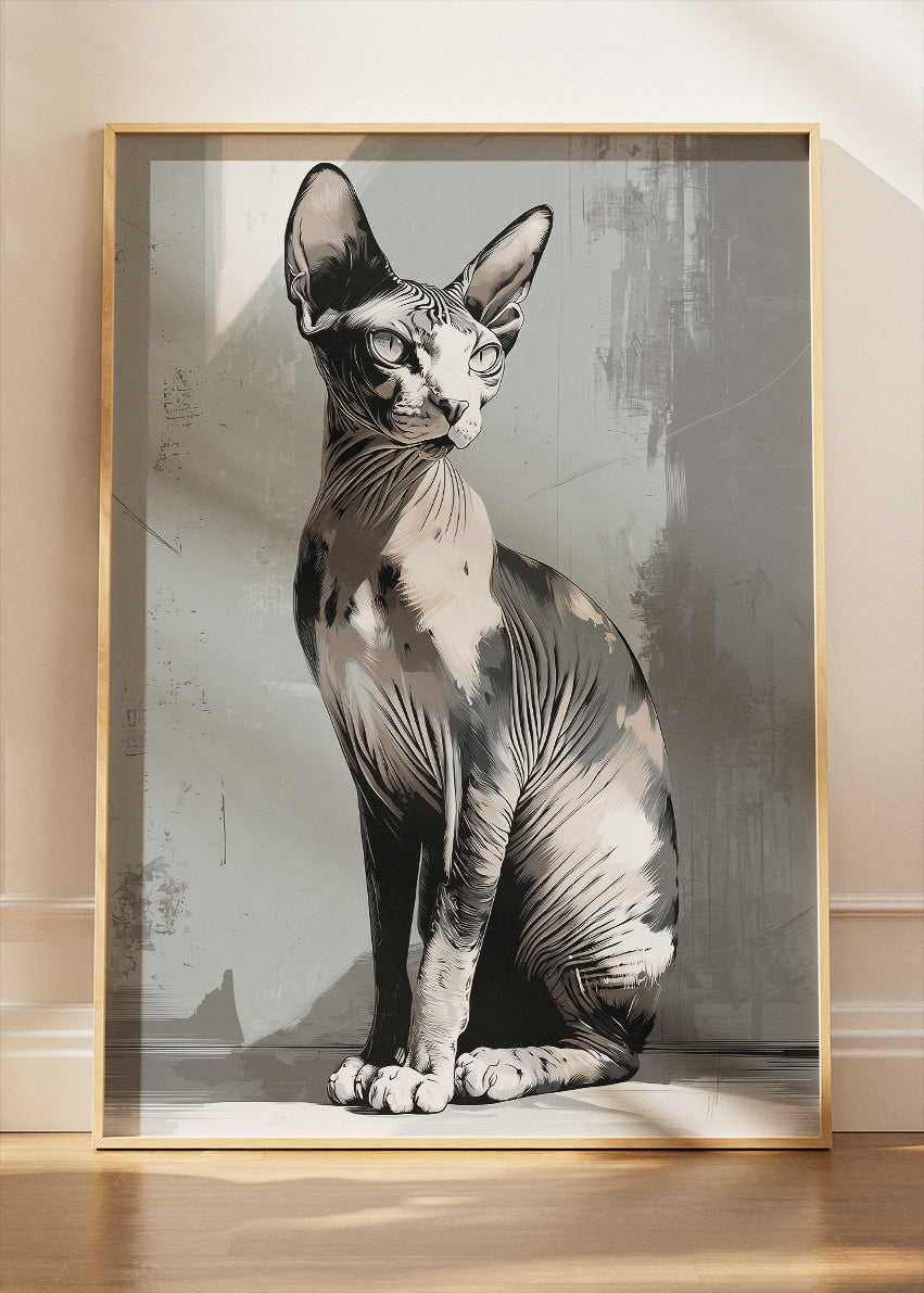 Sphynx Cat Minimalist Wall Art Poster & Canvas Print – Modern Monochrome Feline Illustration