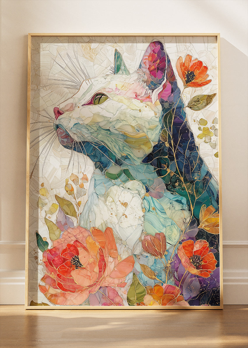 Floral Cat Mosaic Wall Art Poster & Canvas Print – Elegant Botanical Feline Illustration
