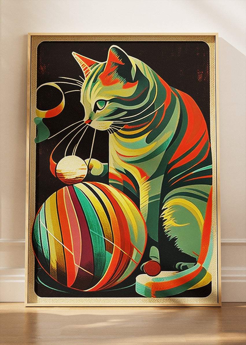 Retro Striped Cat Wall Art Poster & Canvas Print – Colorful Mid-Century Feline Illustration