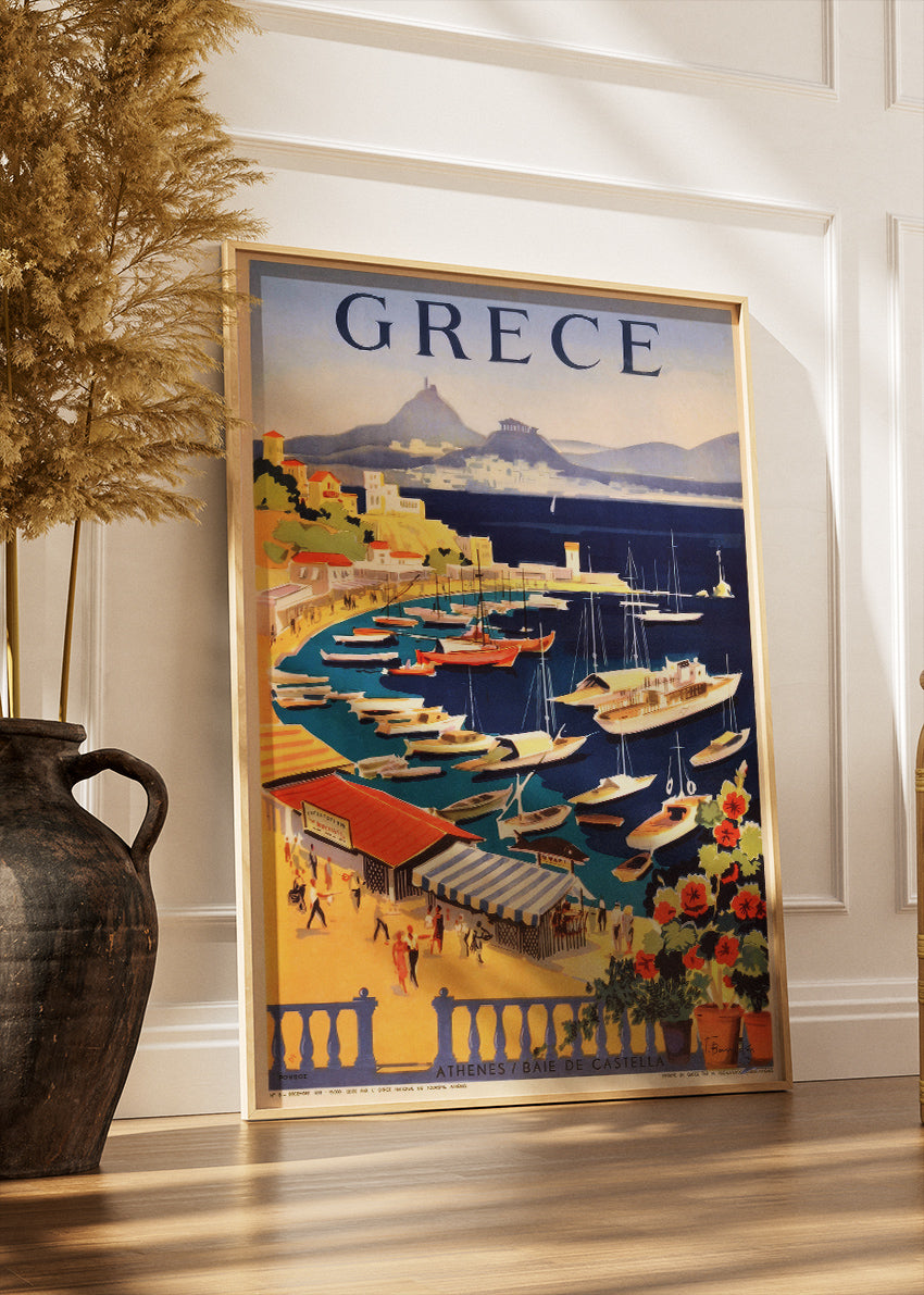 Greece Vintage Harbour Poster & Canvas Print – Athens Baie de Castella Retro Travel Art