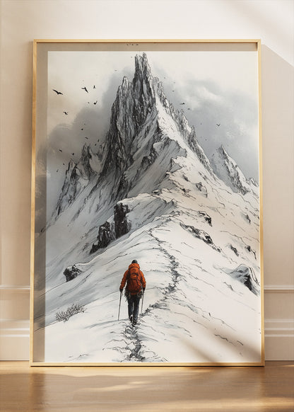 Lone Hiker on Snowy Peak – Minimalist Mountain Adventure Wall Art Poster & Canvas – AI PRINT LAB