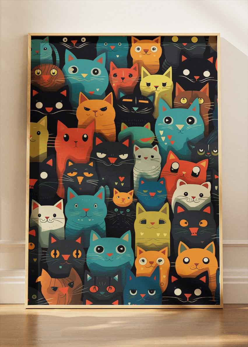 Colorful Cartoon Cats Wall Art Poster & Canvas Print – Playful Feline Pattern Illustration