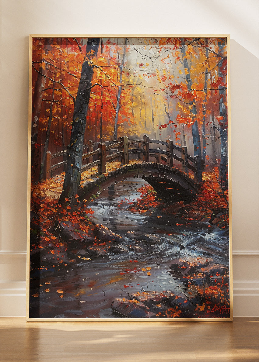 Autumn Woodland Bridge – Warm Forest Stream Canvas & Poster Print – AI PRINT LAB