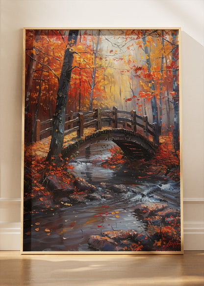 Autumn Woodland Bridge – Warm Forest Stream Canvas & Poster Print – AI PRINT LAB