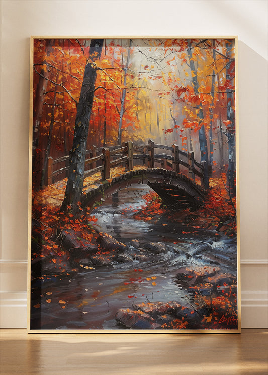 Autumn Woodland Bridge – Warm Forest Stream Canvas & Poster Print – AI PRINT LAB