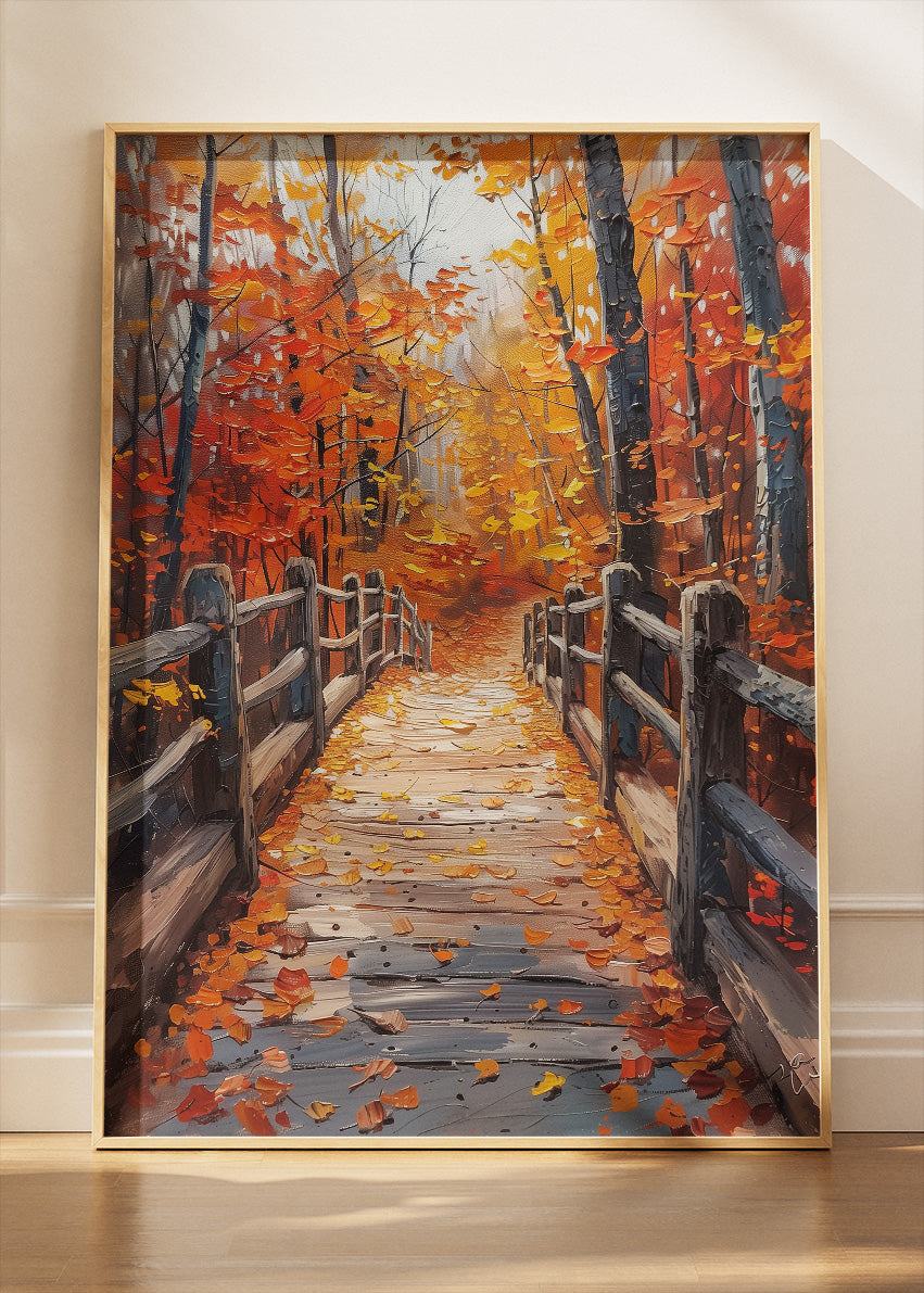 Autumn Boardwalk Path – Rustic Fall Forest Canvas & Poster Print – AI PRINT LAB