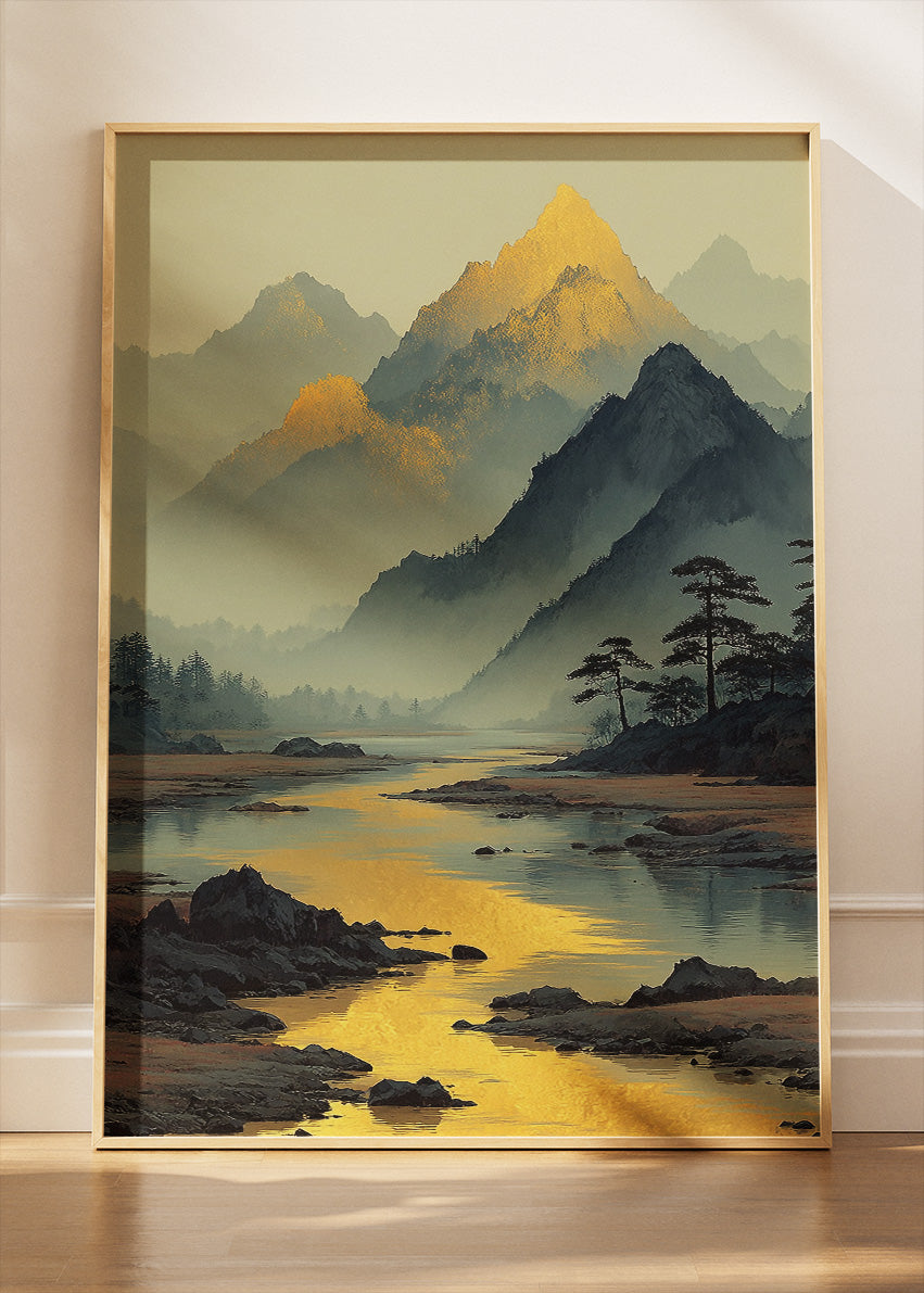 Golden Mountain Reflection – Tranquil River Landscape Canvas & Poster Print – AI PRINT LAB