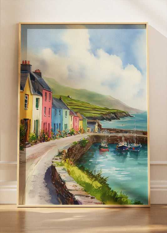 Colorful Coastal Village Harbor – Seaside Town Canvas & Poster Print – AI PRINT LAB