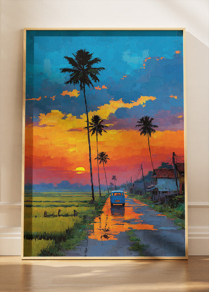 Tropical Sunset Road with Palm Trees – Vibrant Evening Landscape Canvas & Poster Print – AI PRINT LAB