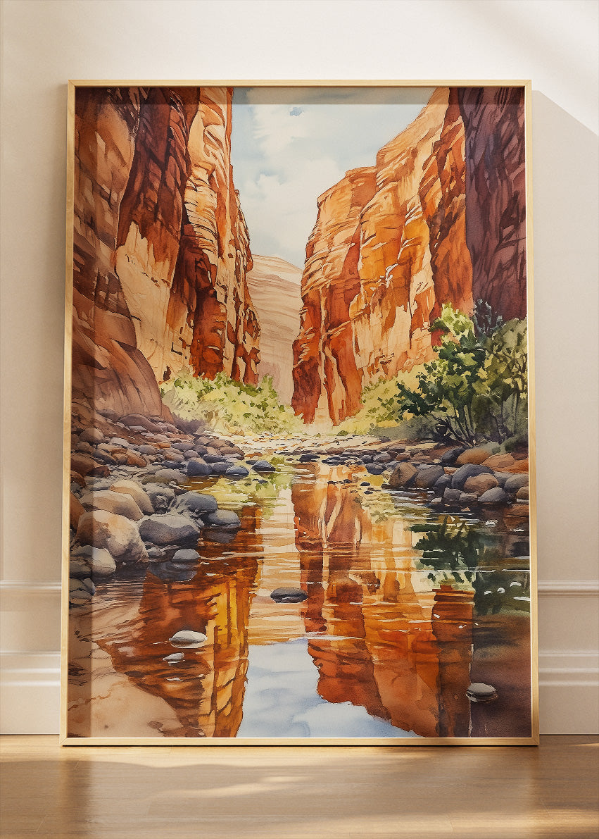 Desert Canyon Reflection – Red Rock Landscape Canvas & Poster Print – AI PRINT LAB