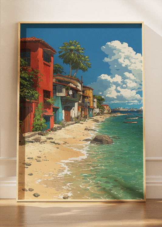 Mediterranean Seaside Village – Coastal Beach Houses Canvas & Poster Print – AI PRINT LAB