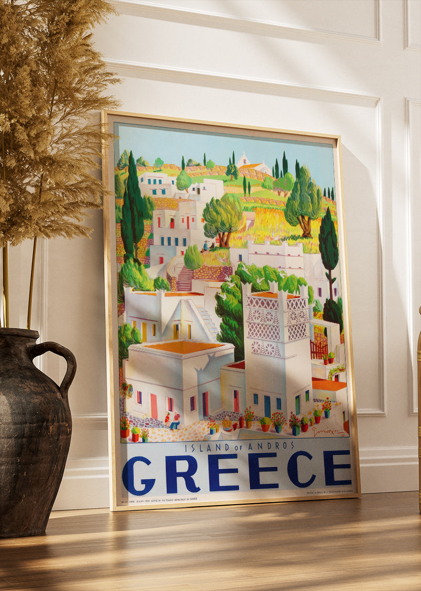 Andros Greece Illustrated Poster & Canvas Print – Colorful Island Village Travel Art
