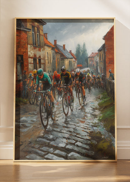 Rain-Soaked Cobblestone Cycling Race Art Print & Canvas – European Street Bicycle Wall Art