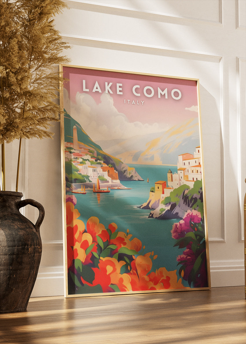 Lake Como Italy Poster & Canvas Print – Illustrated Coastal Village Art