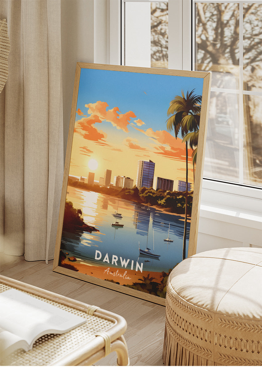Darwin Australia Travel Poster & Canvas Wall Art – Tropical Skyline Sunset Illustration Print