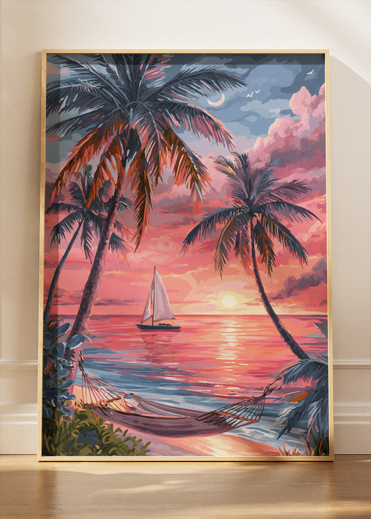 Tropical Sunset with Sailboat – Palm Tree Beach Canvas & Poster Print – AI PRINT LAB