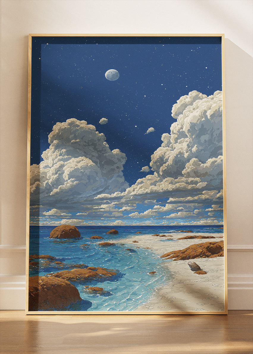 Moonlit Coastal Shore – Starry Night Ocean Canvas & Poster Print – AI PRINT LAB