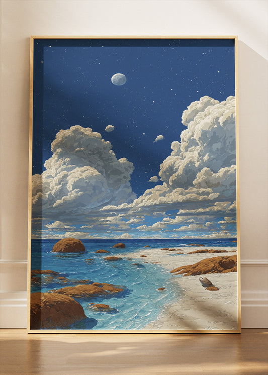 Moonlit Coastal Shore – Starry Night Ocean Canvas & Poster Print – AI PRINT LAB