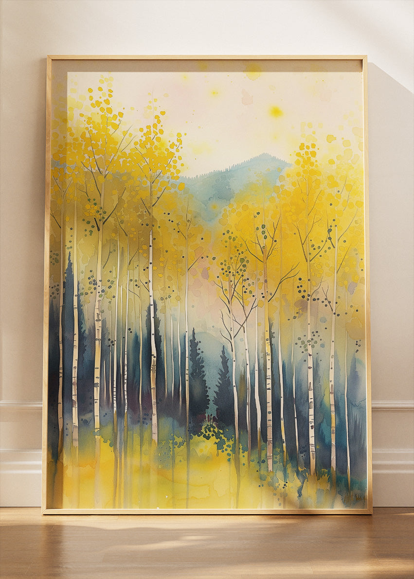 Yellow Birch Forest Wall Art – Soft Watercolour Woodland Canvas Print & Modern Nature Landscape Poster for Living Room Decor UK