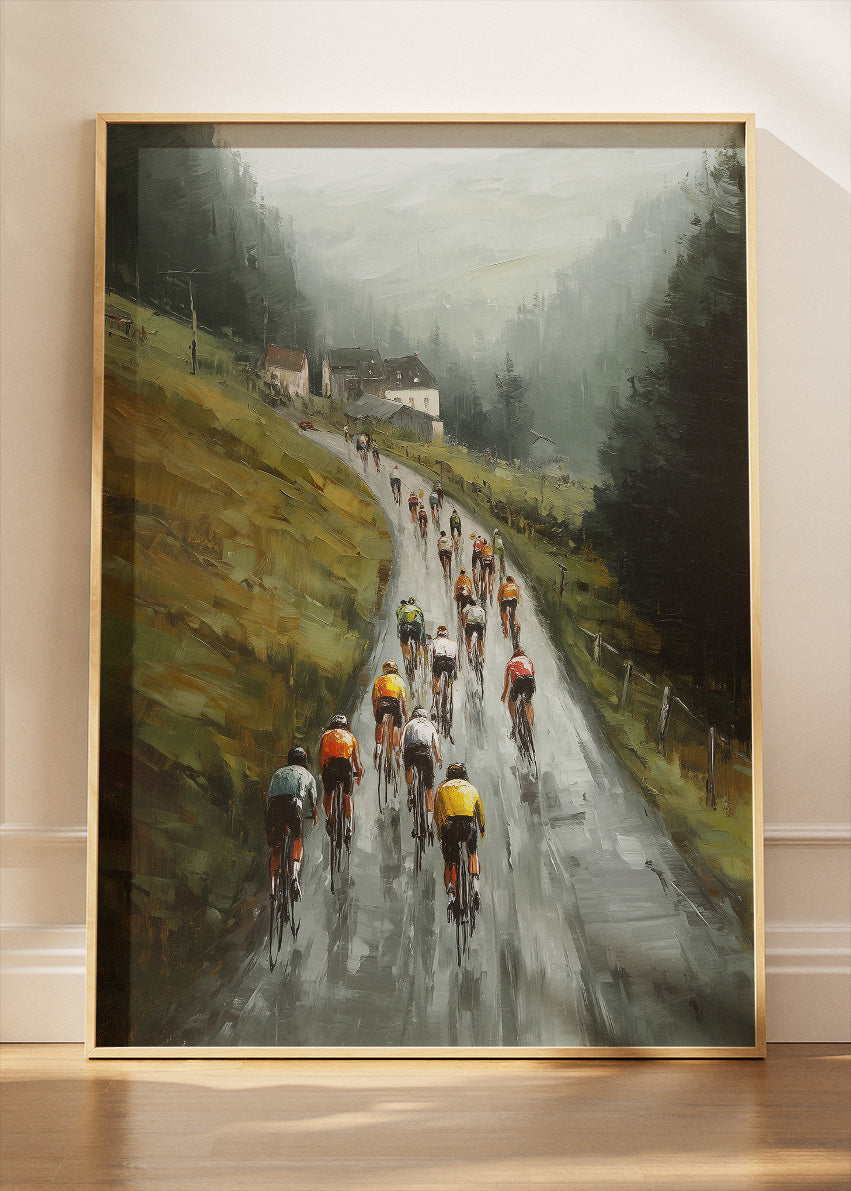 Misty Mountain Road Cycling Art Print & Canvas – Atmospheric Peloton Bicycle Wall Art