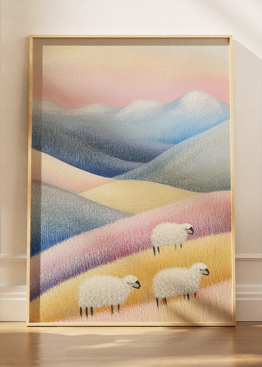 Pastel Hills with Grazing Sheep – Soft Minimal Landscape Wall Art Poster & Canvas – AI PRINT LAB