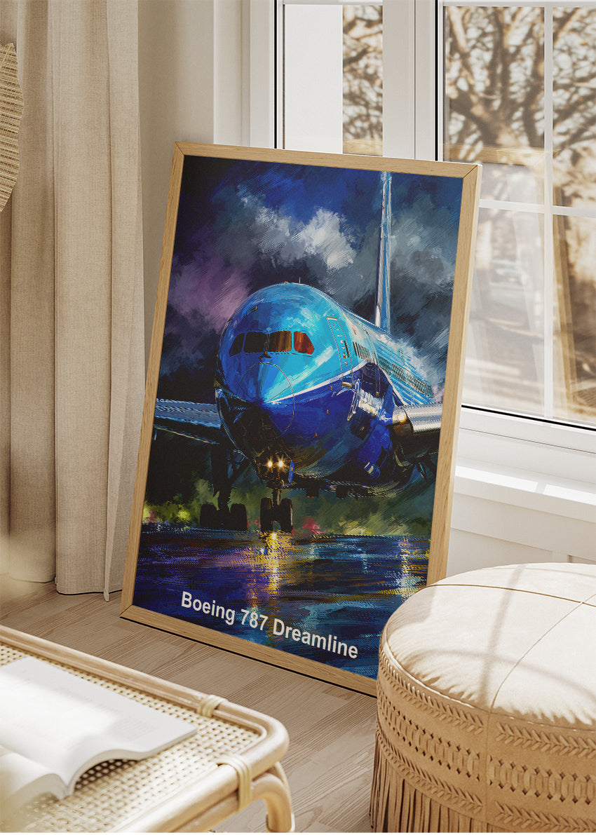 Boeing 787 Dreamliner Poster & Canvas Print – Rainy Runway Aviation Art – Aiprintlab