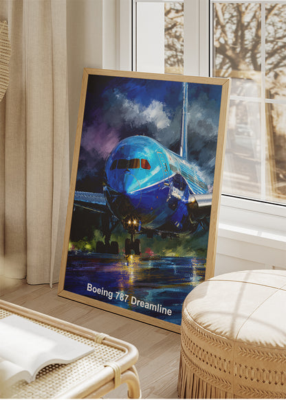 Boeing 787 Dreamliner Poster & Canvas Print – Rainy Runway Aviation Art – Aiprintlab