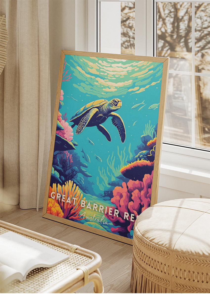 Great Barrier Reef Australia Travel Poster & Canvas Wall Art – Sea Turtle Coral Reef Illustration Print