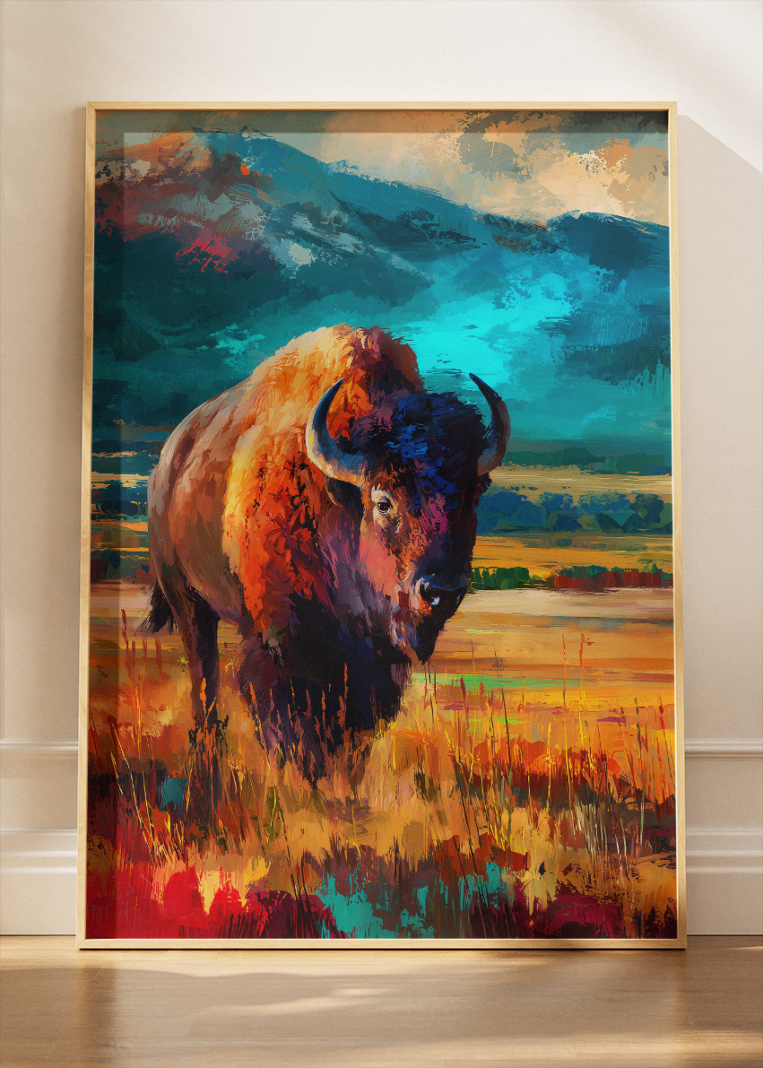Majestic Bison Canvas Print & Poster – Colorful Wildlife Landscape Wall Art