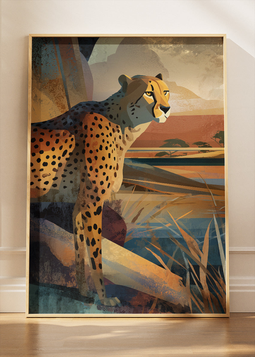 Cheetah Safari Canvas Print & Poster – Modern Wildlife Landscape Wall Art