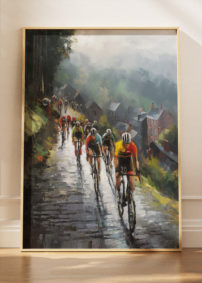 Rainy Hill Climb Cycling Art Print & Canvas – Classic European Peloton Wall Art