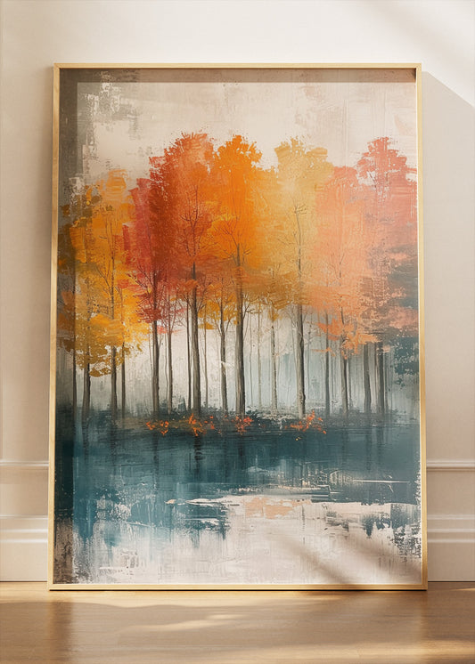 Autumn Lake Reflection Wall Art – Orange Woodland Canvas Print & Modern Abstract Forest Poster for Living Room Decor UK