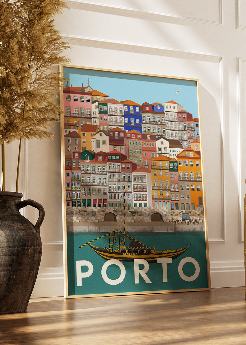 Porto Portugal Cityscape Poster & Canvas Print – Illustrated Riverside Architecture Art