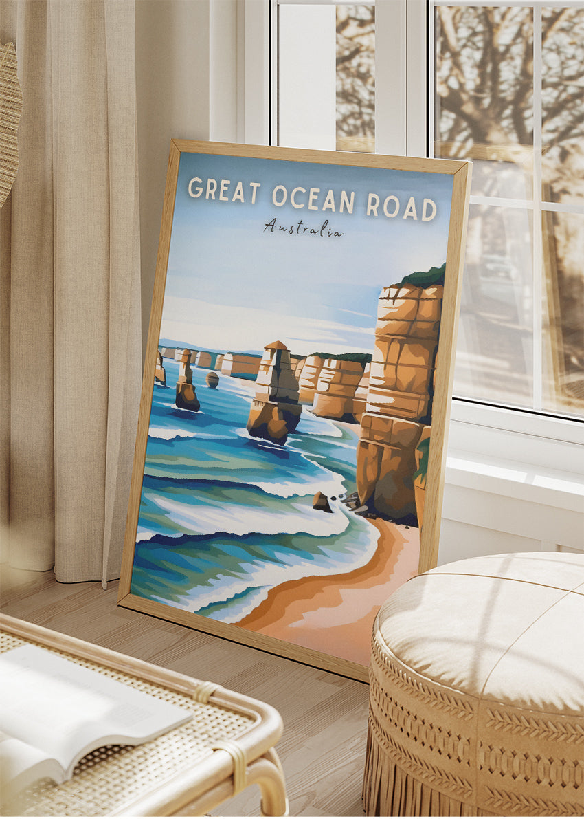 Great Ocean Road Australia Travel Poster & Canvas Wall Art – Twelve Apostles Coastal Illustration Print