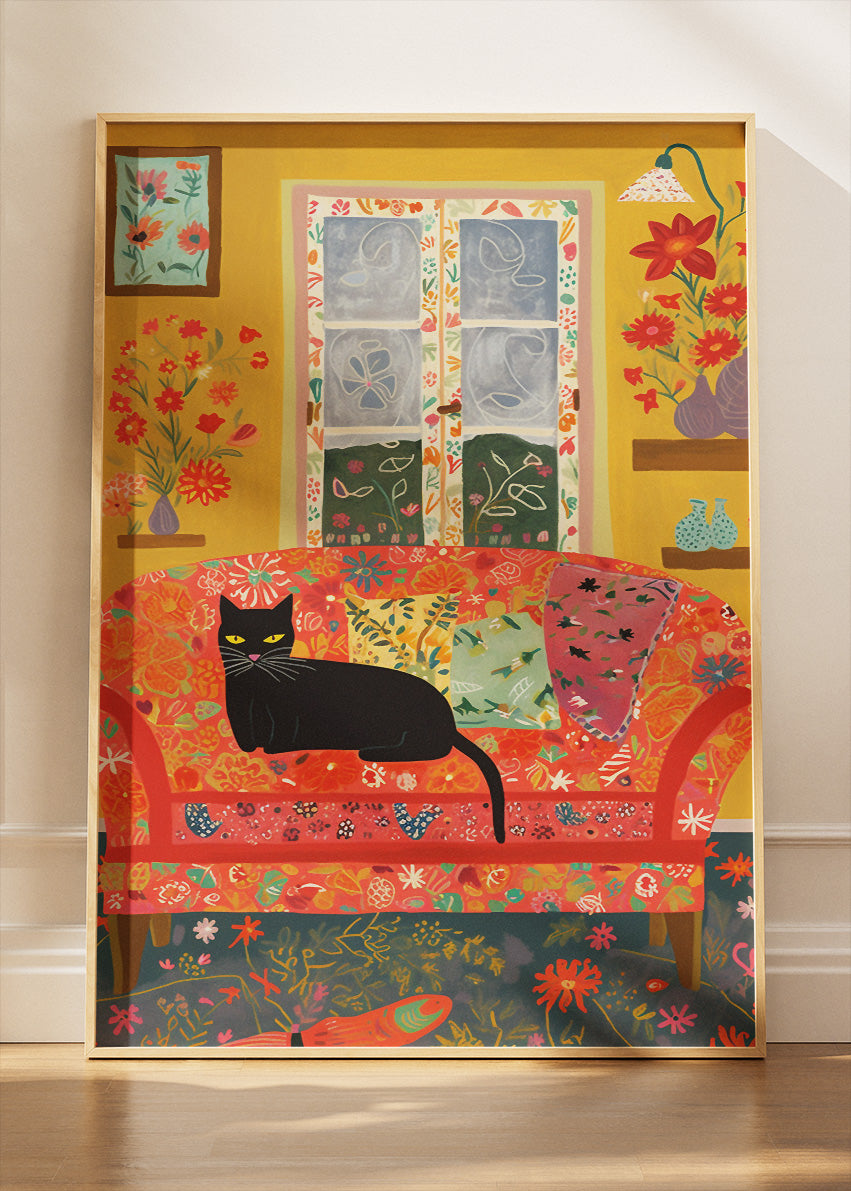 Cozy Cat Living Room Canvas Print & Poster – Colorful Home Wall Art