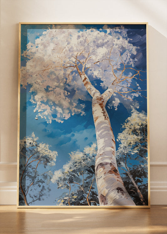 White Birch Tree Wall Art – Upward Forest Canvas Print & Modern Blue Sky Nature Poster for Living Room Decor UK