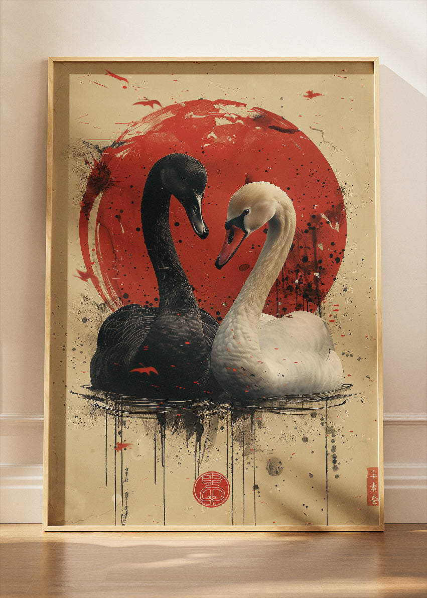 Black & White Swan Poster & Canvas Print – Japanese Red Sun Art